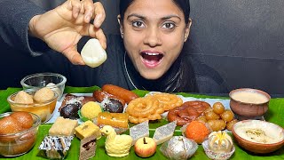 Indian Sweets Eating Rasgulla Gulab Jamun Amrito Kheer Santra Kadam Laddu Misti Doi Desserts Eating [upl. by Nylessoj]