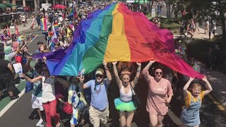 San Diego Pride Parade  Hundreds come together to carry a 300 foot Pride flag at the conclusion [upl. by Burley]