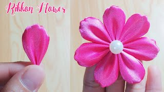 Kanzashi ribbon flower tutorialSatin ribbon craftRibbon flowers easyDiy flower making [upl. by Sylvie]