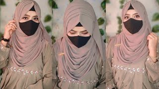 Cute 🥰 Hijab Styles With Layers  Very Easy And Stylish Layer Hijab Tutorial With Mask [upl. by Shamrao]