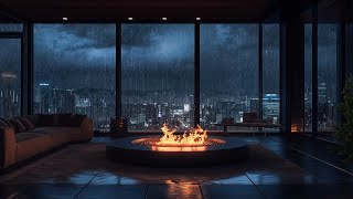 Luxury Modern Living Room with Electric Fire When Its Storm Outside  Soothing Rain Sound for Sleep [upl. by Elbertine]