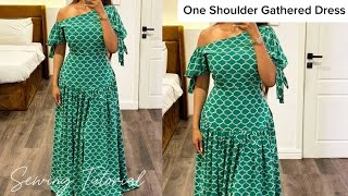 How to Cut amp Sew a One Shoulder Gathered Dress With Balloon Sleeves [upl. by Merci605]