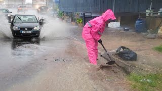 Draining Massive Floods by Unblocking Drains While Rainstorm [upl. by Eirelav]