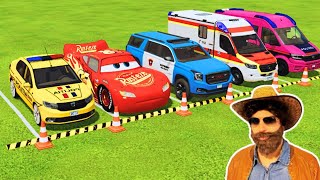 TRANSPORTING ALL POLICE CARS AMBULANCE FIRE TRUCK COLORFUL CARS WITH TRUCK  FS22 [upl. by Nirik301]