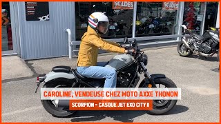 Test du casque jet Scorpion Exo City II Bee par Caroline de chez Moto Axxe Thonon [upl. by Arela351]