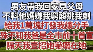 男友帶我回家見父母，不料他媽嫌我窮酸挑我刺，給我1萬塊打發我讓分手，殊不知我爸是全市前十首富，隔天我壹招她嚇癱在地！家庭情感故事 中老年生活 中老年 深夜故事 【孤燈伴長情】 [upl. by Hanan366]