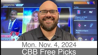 CBB Free Picks 11424 Monday NCAAM College Basketball Predictions  Todays NCAAB Betting Plays [upl. by Jere]