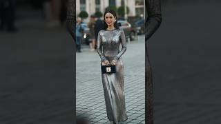 Heart Evangelista wears silver sequined dress  Schiaparelli show parisfashionweek streetstyle [upl. by Cramer175]