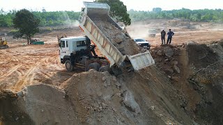 Massive Project Incredible Mountain Land Filling 15T Trucks Unloading amp Bulldozer D37E Pushing Stone [upl. by Leahcimed]