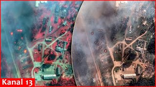 Before and after satellite images of ammunition depot in Russia struck by Ukrainian drones [upl. by Ardnusal]