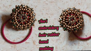 How to make aari embroidery kundhan hair rubber band making in tamil [upl. by Artemus]