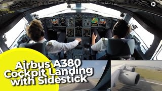 Airbus A380 Cockpit Landing with Sidestick CloseUp AirClips [upl. by Ketchan]