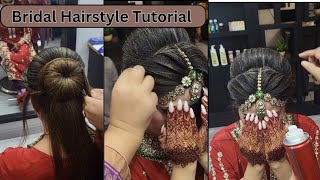 StepbyStep Bridal Hairstyle Tutorial  Elegant Bun and Maang Tikka Setting for Weddings [upl. by Adnohsor]