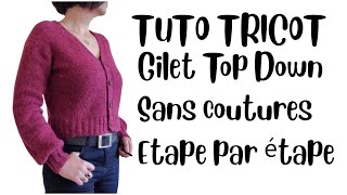 TUTO TRICOT GILET SANS COUTURE TOP DOWN ETAPE PAR ETAPE [upl. by Thecla472]