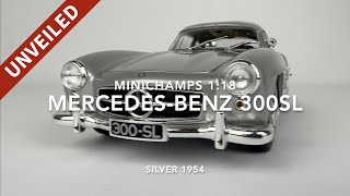 Minichamps 118 MercedesBenz 300SL W198 1954 Silver Unveiled  Model Universe [upl. by Ylrebmek433]