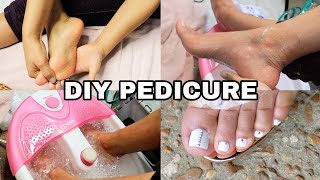 At Home Pedicure Tutorial White Gel Nails soft feet Maintenance Series [upl. by Sugar]