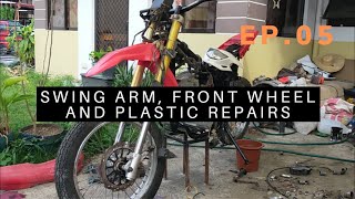 Rusi KR 150 Low Budget Rebuild Episode 5 Front Wheel Swing Arm and Plastic Repairs [upl. by Reppiks]