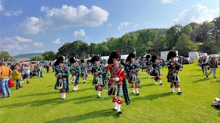 Drum Major Esson leads Ballater Pipe Band playing on the march during 2024 Lonach Highland Games [upl. by Acirtap191]