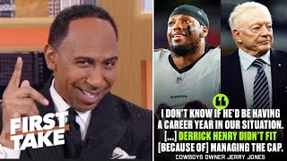 FIRST TAKE  Stephen A Smith slams Jerry Jones for says Derrick Henry wouldnt fit Cowboys offense [upl. by Nosemyaj225]