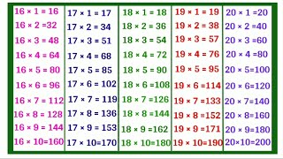 16 17 18 19 aur 20 ka Pahada  Multiplication Table  Learn Table of 16 17 18 19 and 20 [upl. by Skelly]