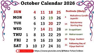 October Calendar 2026 october2026calendar calendaroctober [upl. by Maller]