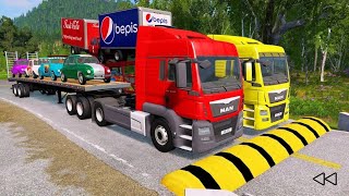 Double Flatbed Trailer Truck vs Speedbumps Train vs Cars BeamngDrive [upl. by Nirtiac]