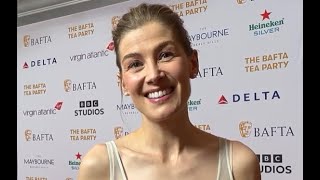 Rosamund Pike Saltburn exclusive BAFTA Tea Party red carpet interview in Beverly Hills [upl. by Sivert]