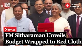 Budget 2024 Nirmala Sitharaman Displays Budget Wrapped In Red Cloth Adorned With National Emblem [upl. by Atinaw]