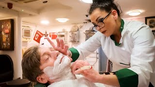 💈Hot Towel Shave amp Head Massage At Lovingly Restored Historic Waldorf Barbershop  Dublin Ireland [upl. by Enilra]