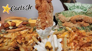 MUKBANG EATING WINGSTOP SAUCY VOODOO FRIES GARLIC PARMESAN CHICKEN CARLS JR EL DIABLO BURGER ASMR [upl. by Artekal]