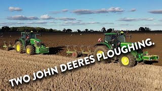 4Kᵁᴴᴰ Sept 2024 Westrope Farms ploughing stubble with 2 John Deeres and Dowdeswell  Hubert ploughs [upl. by Natal463]