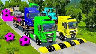 Double Flatbed Trailer Truck vs Speedbumps Train vs Cars BeamngDrive Flatbed [upl. by Graybill]