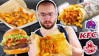 Eating NEW Fast Food Items For 24 HOURS Taco Bell Grilled Cheese Fries Arbys Good Burger 2 Meal [upl. by Nhguavoj]