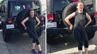 ‘Captain Marvel’ Star Brie Larson Pushes 5000Pound Jeep [upl. by Lynn14]