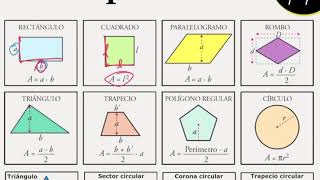 Areas de figuras planas formulas cuadrado triangulo rectangulo trapecio circulo romboide [upl. by Cini475]