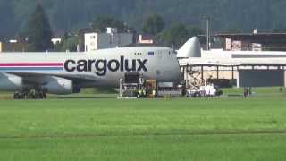 Landing of Cargolux Boeing 7474R7 F LXWCV on runway 29 of Dübendorf Military Airfield [upl. by Dena264]