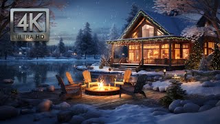 Cozy Winter House Christmas Ambience Snow Falling Crackling Fireplace amp Soft Wind [upl. by Castle]