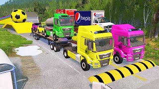 Double Flatbed Trailer Truck vs Speedbumps Train vs Cars  Tractor vs Train BeamngDrive 050 [upl. by Beilul]