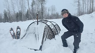 Winter Hot Tent Camping in DEEP Snow  Warmth in the Cold [upl. by Zink]