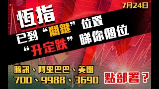 港股速報 恆指已到關鍵位置｜升定跌睇呢個位｜700騰訊｜9988阿里巴巴｜3690美團｜恒生指數｜港股｜7月24日 [upl. by Nanahs27]