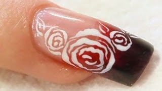 Black and Red Acrylic Nail with White Roses Tutorial [upl. by Akirea]