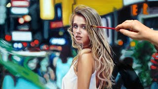 PHOTOREALISTIC OIL PAINTING TIME LAPSE ✦ PORTRAIT ART VIDEO  Woman with City Bokeh Background [upl. by Teeter]