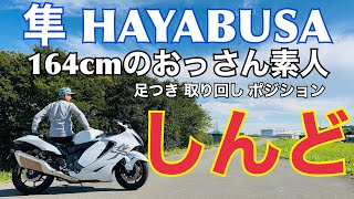 【SUZUKI 隼HAYABUSA】あっけない足付き性で拍子抜けしたが・・・とんでもないライディングポジションだった！ド迫力262kgを164cmの小さなおっさんは取り回せる？ hayabusa [upl. by Eylk]