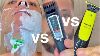 Beard Trimmer VS OneBlade Shaver VS Razor Blade Gillette 4k [upl. by Nuawad]