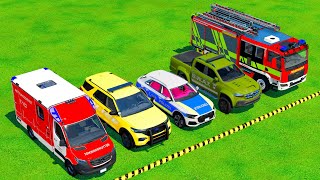 TRANSPORTING POLICE CARS FIRE DEPARTMENT AMBULANCE VEHICLES WITH MAN TRUCKS  Farming Simulator 22 [upl. by Grange]