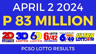 Lotto Result April 2 2024 9pm PCSO [upl. by Elleahcim]