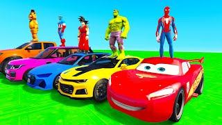 SPIDERMAN McQueen Ramp Challenge JUMP  SUPERHERO HULK IronMan Goku Mack Truck Disney Cars 3  GTA V [upl. by Nnuahs]