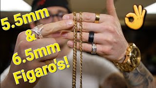 55mm amp 65mm Figaro Chains  Gold Jewelry Sizing [upl. by Noelani630]