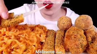 Mellawnie ASMR  CHEESY CARBO FIRE NOODLE CHICKEN CHEESE BALL CHEESE STICK ONLY BITES [upl. by Pizor]