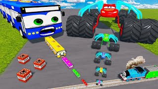 MONSTER TRUCK vs Big amp Small Long Bus Spider Lightning McQueen Throns vs Thomas Train  BeamNGDrive [upl. by Trinia221]